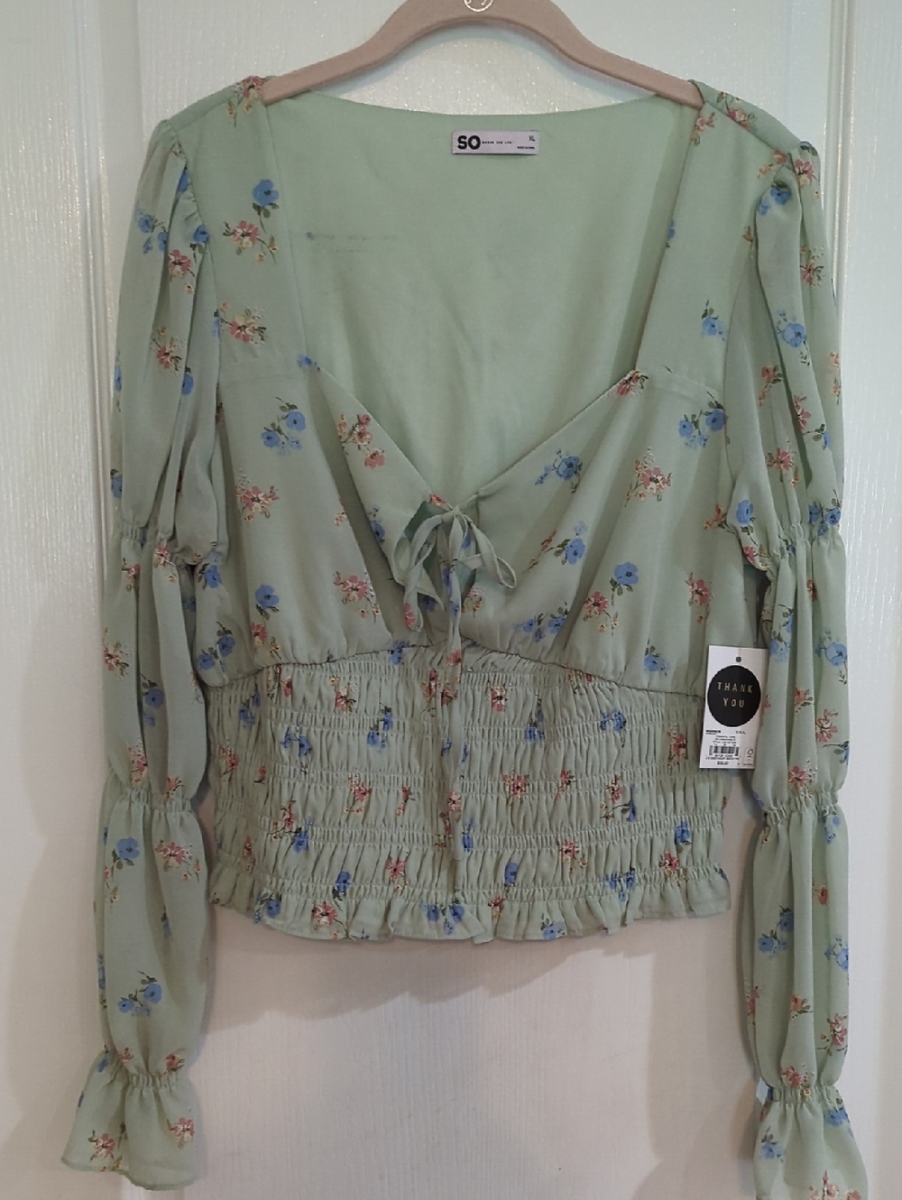 NWT SO Sage Green Floral Smocked Peasant Blouse XL